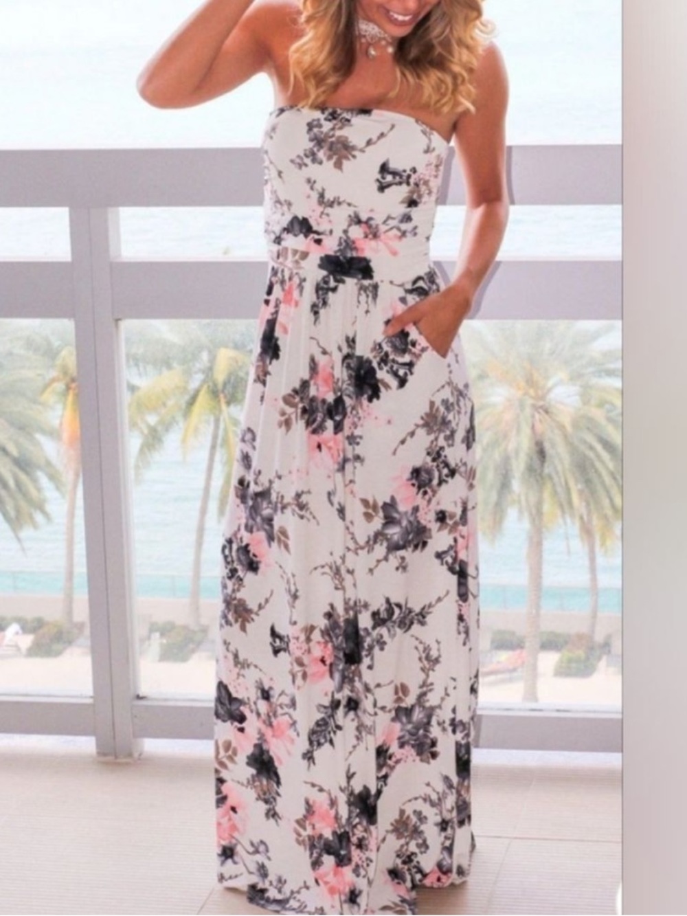Vanilla Bay Sz L strapless floral maxi dress